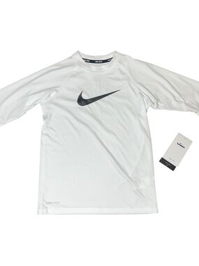 Nike Swim Short Sleeve White Black  UPF40 Swoosh Logo Shirt NWT Small Boys Girls